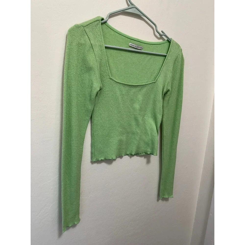 Urban Outfitters Green‎ Knit Square Neck Long Sleeve Crop Top Small